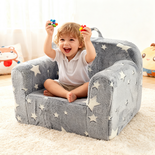 Kindersofa 3in1 mit leuchtendem Cartoon-Muster, Armlehne, waschbar, leicht, Grau