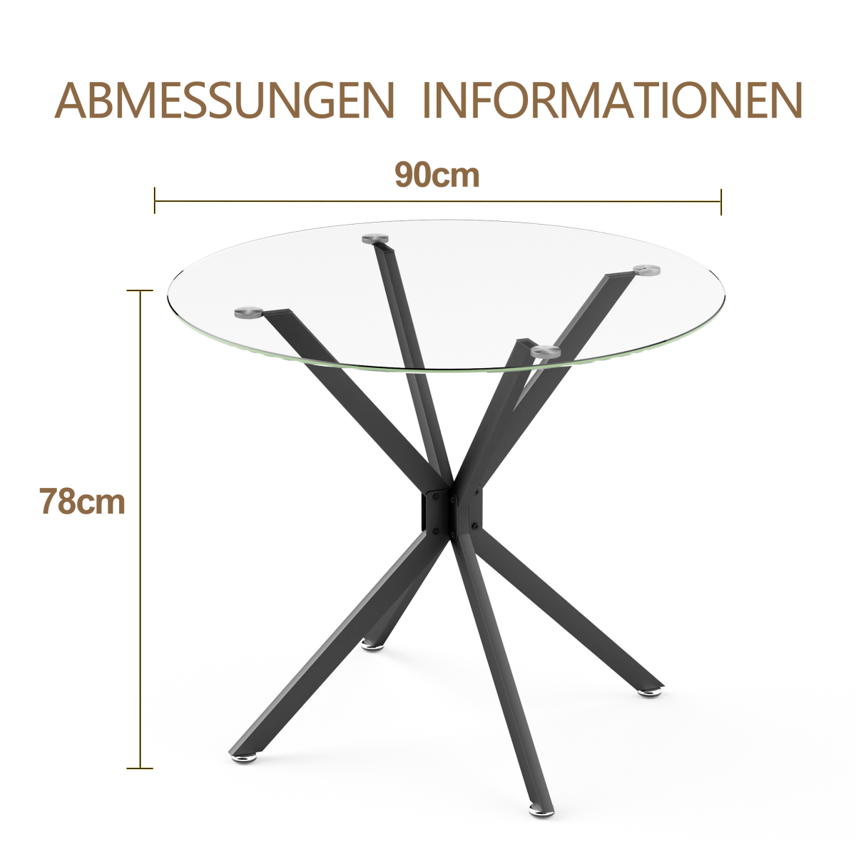 Esstisch Rund 90 cm Schwarz, Glastisch mit Gehärtetem Glas & Metallbeinen, Modernes Design