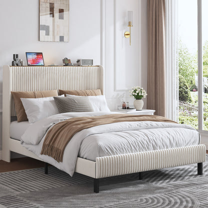 Bettrahmen gepolstertes Plattformbett mit Stoffköpfchen, Flügelkantendesign/Nicht-Rutscht- und Rauchfreien/Metalllatten/No BoxSpre 140*200