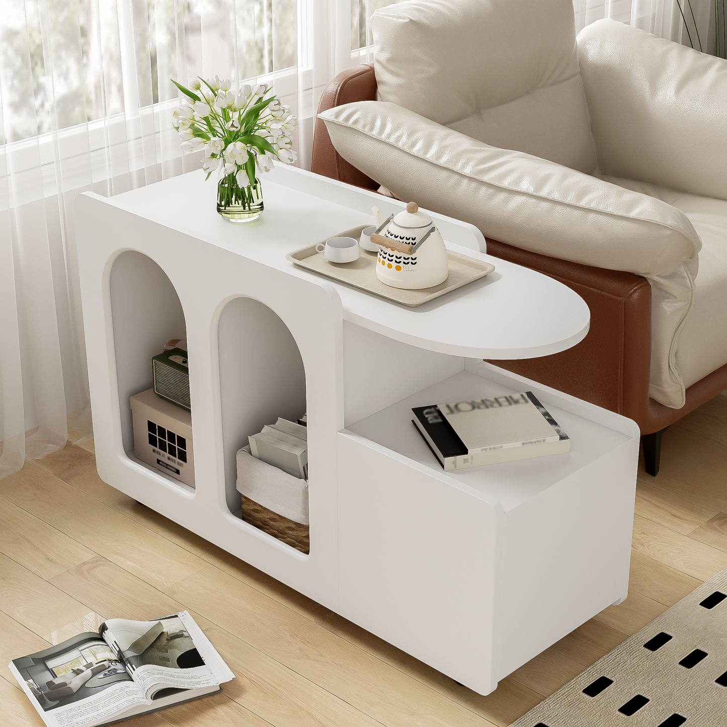 Beistellschrank mit Rollen, vielseitiger Aufbewahrungswagen für Wohnzimmer, Esszimmer und Schlafzimmer, Weißer