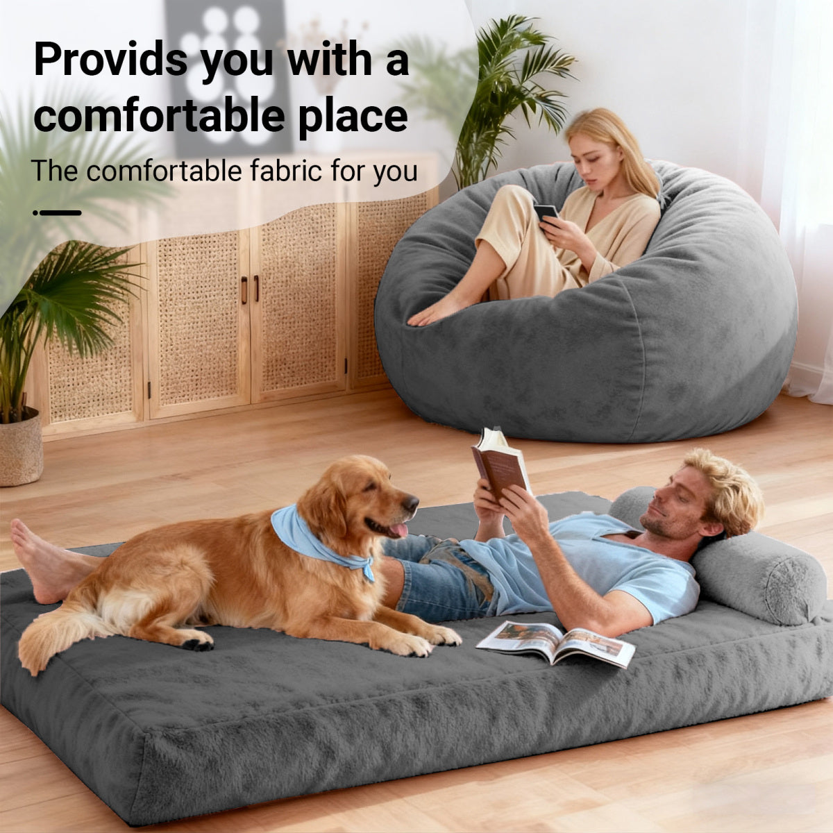 DBC-LANSE 2-in-1 Sitzsack & Gästebett - Wandelbarer Sessel aus Chenille - Ergonomisches Design - Grau