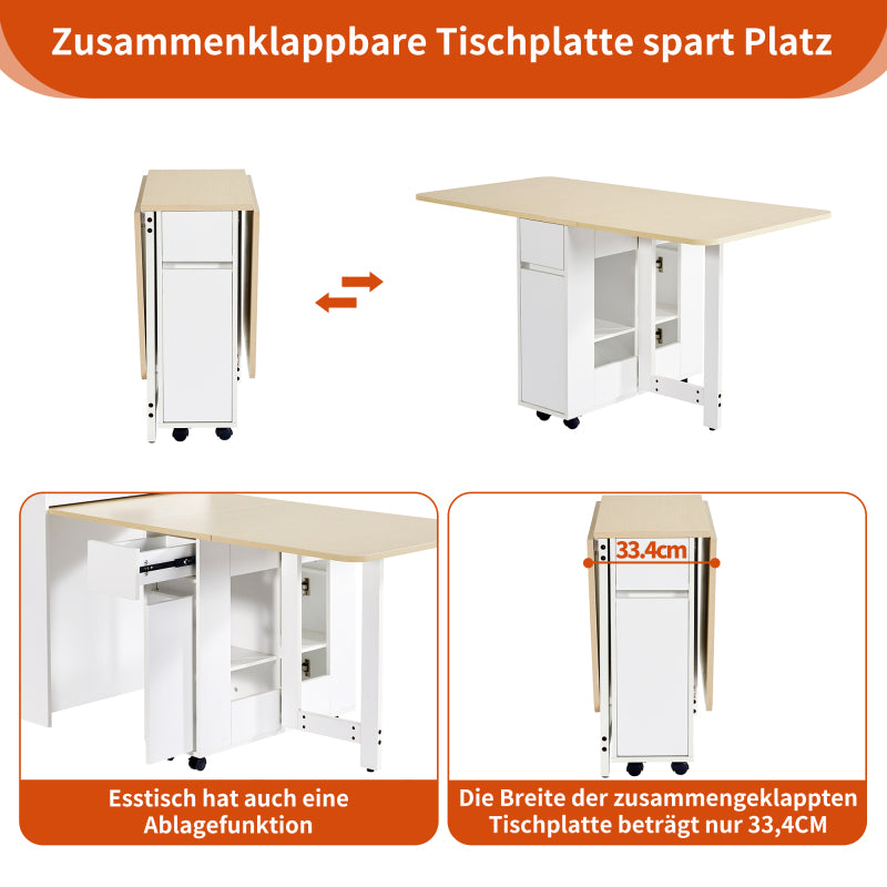 Ausziehbarer Bartisch mit Stauraum(110-124×78×97.5cm), für 2-6 Personen, Kücheninseln mit 2 Schubladen, 2 seitliche offene Regale und eingebaute Steckdose,Tischplatte aus weiß marmoriertem MDF,Weiß