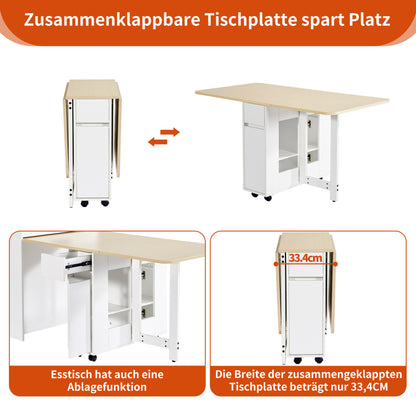 Ausziehbarer Bartisch mit Stauraum(110-124×78×97.5cm), für 2-6 Personen, Kücheninseln mit 2 Schubladen, 2 seitliche offene Regale und eingebaute Steckdose,Tischplatte aus weiß marmoriertem MDF,Weiß