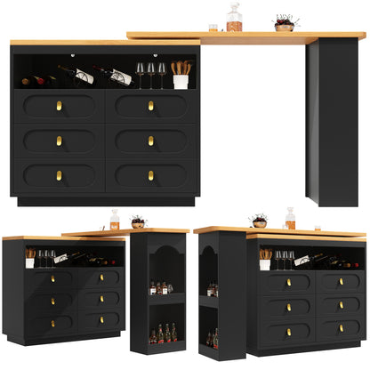Bartisch ausziehbar 138-203cm, 360° drehbarer Stehtisch mit 6 Schubladen & Snack-Regal, moderner Küchentisch, Schreibtisch & Bar, Schwarz