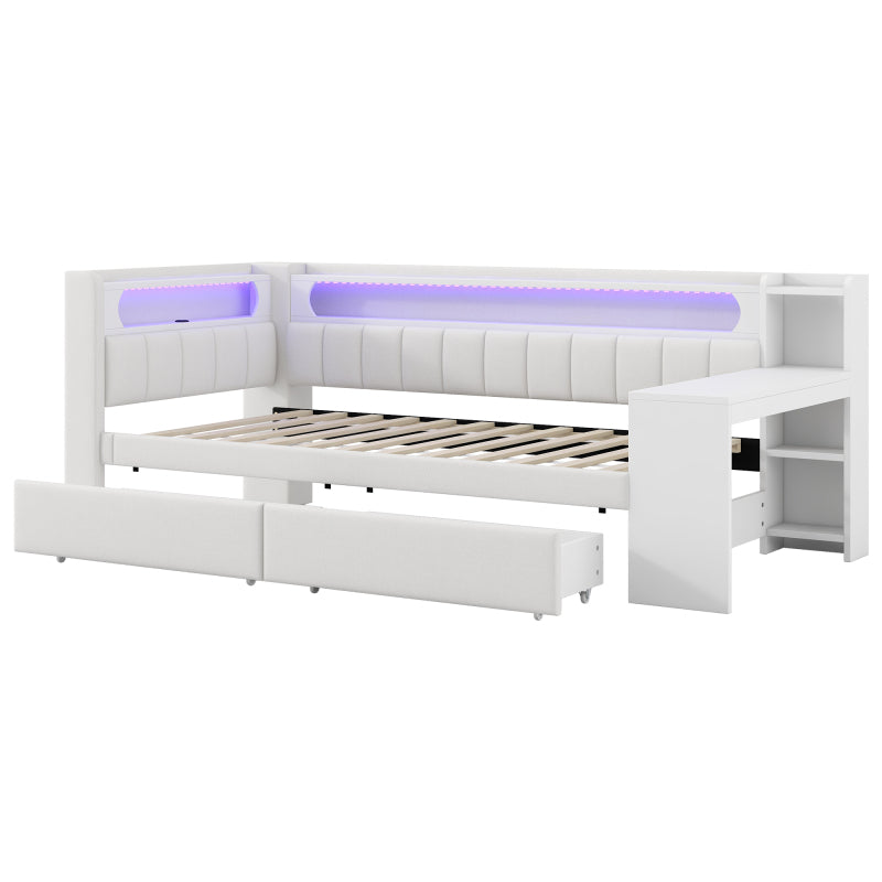 Gepolstertes 90x200 Daybed mit USB-Anschlüssen und LED-Gürtel, mit Schreibtisch und 2 Schubladen, weiß