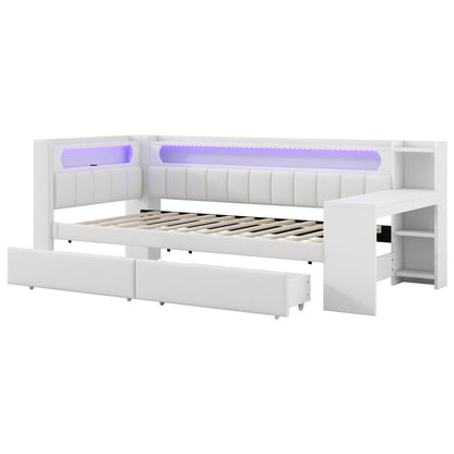 Gepolstertes 90x200 Daybed mit USB-Anschlüssen und LED-Gürtel, mit Schreibtisch und 2 Schubladen, weiß