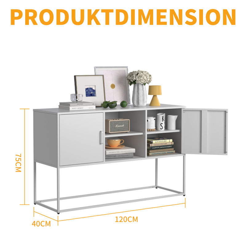 Weißer Metall-Akzent-Schrank, Sideboard-Buffet und Aufbewahrungs-Schrank-Safe, Robuster Metallbau mit stilvollem Weiß,  H 75 cm × B 120 cm × T 40 cm