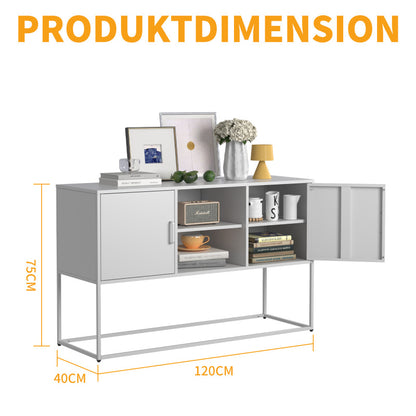 Weißer Metall-Akzent-Schrank, Sideboard-Buffet und Aufbewahrungs-Schrank-Safe, Robuster Metallbau mit stilvollem Weiß,  H 75 cm × B 120 cm × T 40 cm