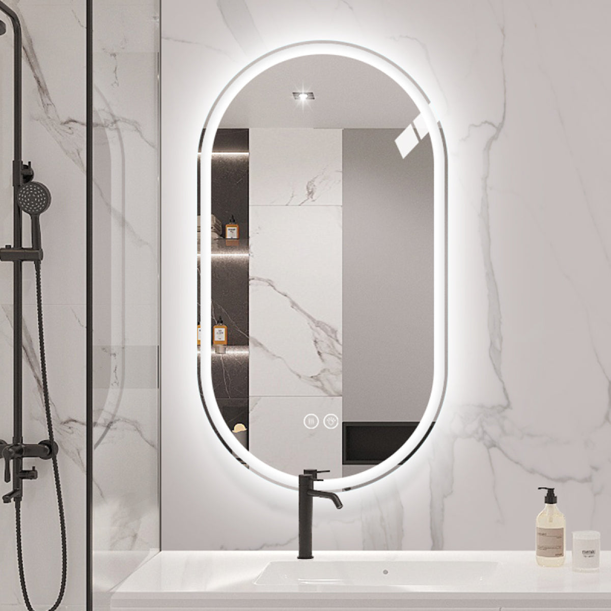 Ovaler LED Badezimmerspiegel 60×90 cm – rahmenlos, dimmbar, Anti-Beschlag, Touchscreen, Wandmontage, Smart Mirror