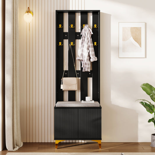 Hoher Garderobenschrank mit Wellentüren, Push-to-Open, verstellbaren Regalen & Goldakzenten, Schwarz, 60,5×35,2×180,5 cm