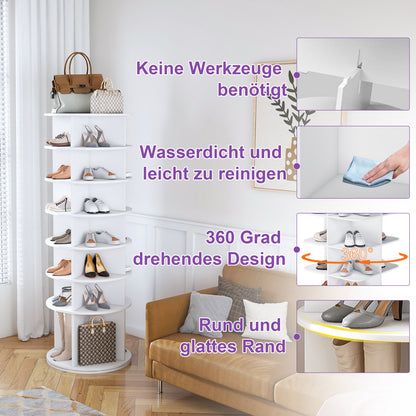 Drehbares Schuhregal 7 Ebenen, 360°, Stiefelfach, 28 Paar, Weiß, 184 cm