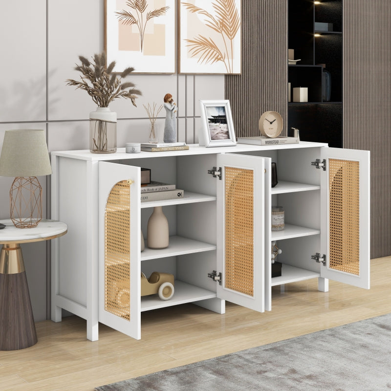 Modernes Sideboard im minimalistischen Stil 4-Rattantür, Metallgriff einfaches Buffetschrank für Esszimmer, Wohnzimmer, Küche (weiß)