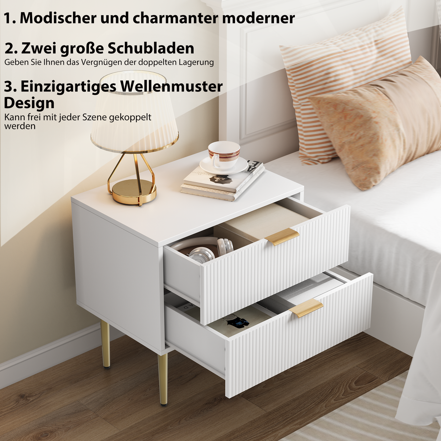 Weißer Nachttisch mit Wellenmuster und 2 Schubladen, Schlafzimmer-Nachttisch, moderner Nachttisch mit Metallbeinen, 1 Stück