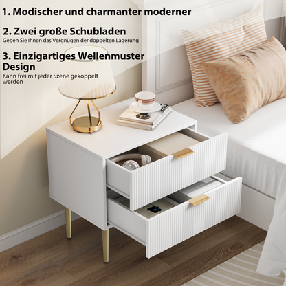 Weißer Nachttisch mit Wellenmuster und 2 Schubladen, Schlafzimmer-Nachttisch, moderner Nachttisch mit Metallbeinen, 1 Stück