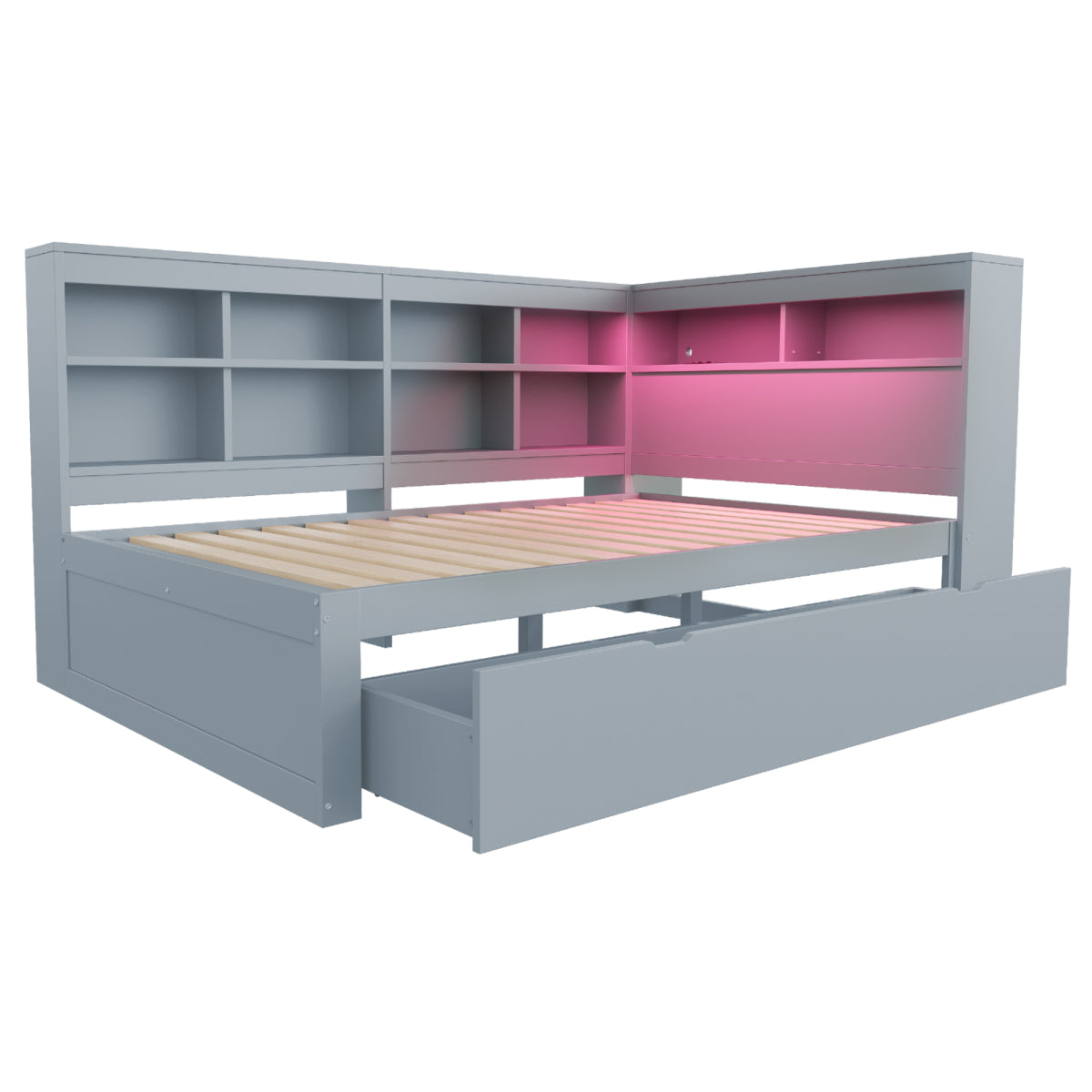 Massivholz-Doppelbett 140x200 Weiß mit LED & USB - Multifunktionales Sofa-Bett mit großen Schubladen, Ablagefächern & viel Stauraum, Grau