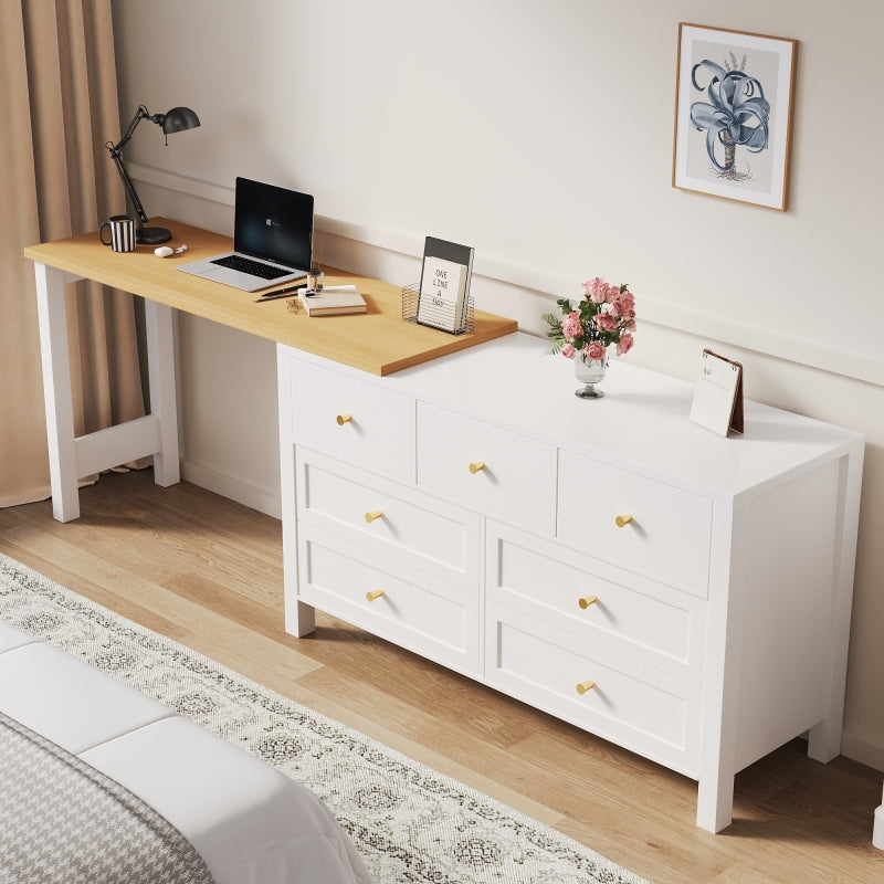 Schreibtisch mit 7-Schubladen Kommode -2-in-1 Dreh Werkbank und Sideboard, Eichenoptik, 360° drehbare Tischplatte, weiß / natur