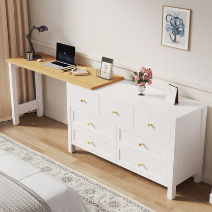 Schreibtisch mit 7-Schubladen Kommode -2-in-1 Dreh Werkbank und Sideboard, Eichenoptik, 360° drehbare Tischplatte, weiß / natur