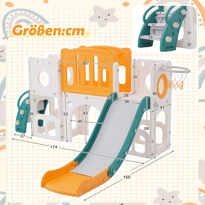 Bären Kinder 6-in-1 Rutsche mit einer Rutsche, zwei Plattformen, zwei Bodenschrankfächern, Basketballkorb und Treppe - Hochdichtes Polyethylen (Ozeanbälle nicht enthalten