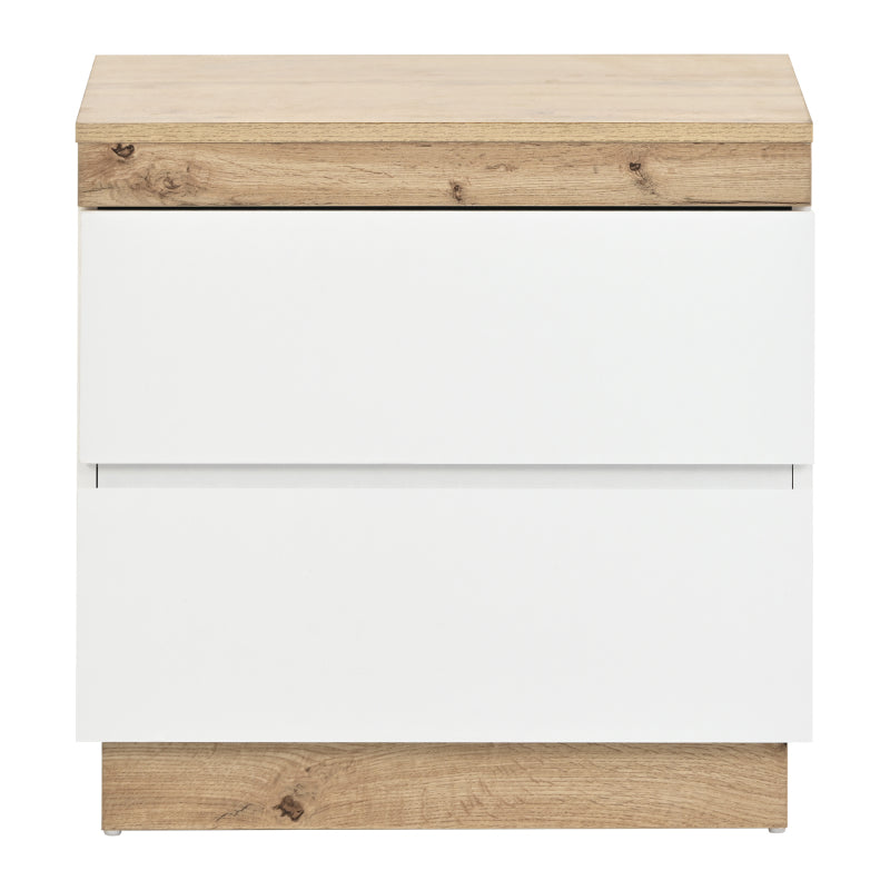 Nachttisch, Nachtschrank mit zwei Schubladen, Nachtkommode, Funktion von Aufbewahrung, für Schlafzimmer, E1-Spanplatte, weiß+oak
