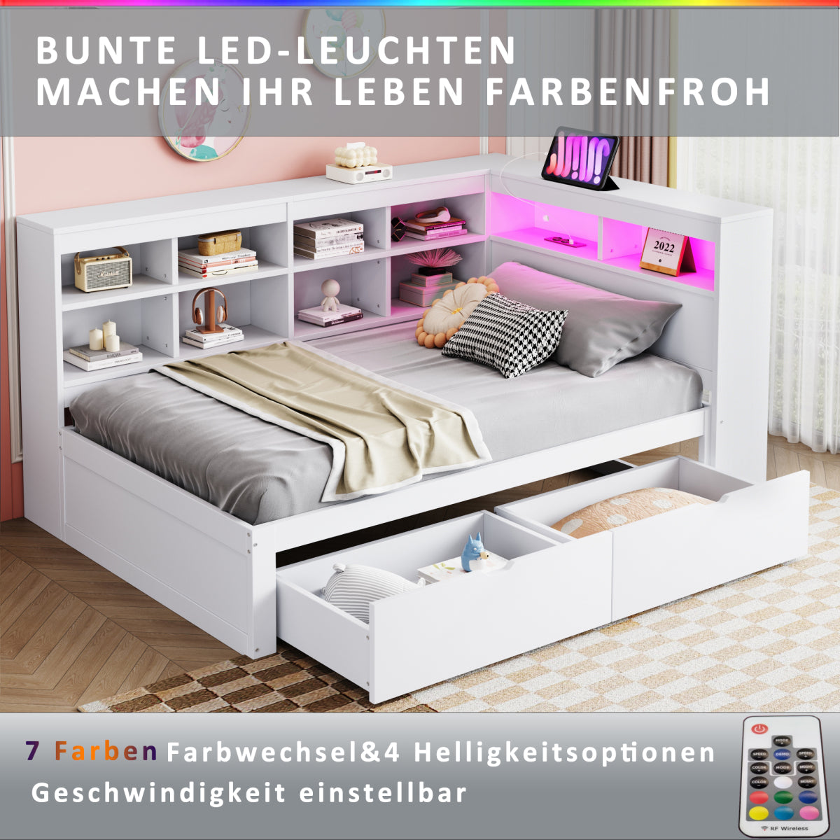 Massivholz-Einzelbett 90x200 Weiß mit LED & USB-Steckdose - Multifunktionales Schlafsofa mit Regalen, Ablagefächern & viel Stauraum, Weiß