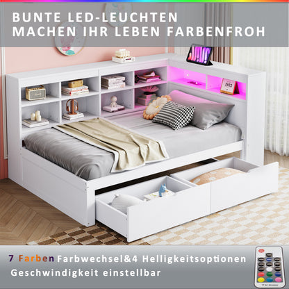 Massivholz-Einzelbett 90x200 Weiß mit LED & USB-Steckdose - Multifunktionales Schlafsofa mit Regalen, Ablagefächern & viel Stauraum, Weiß