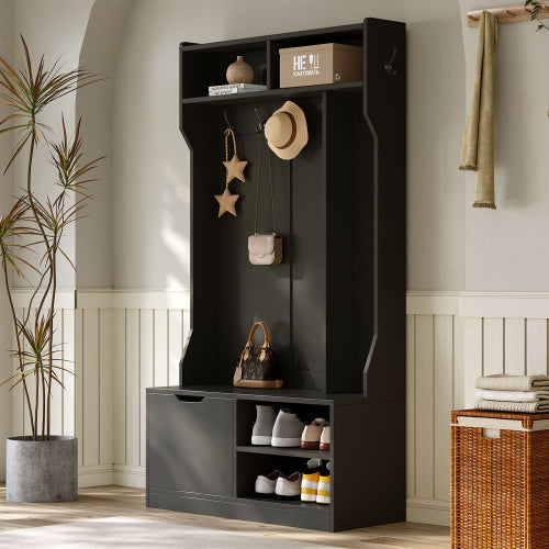 Garderobenset, Komplett-Set Flurgarderobe mit Sitzbank, 6 Haken, 1 Türen & 4 Offener Lagerraum, Schwarz