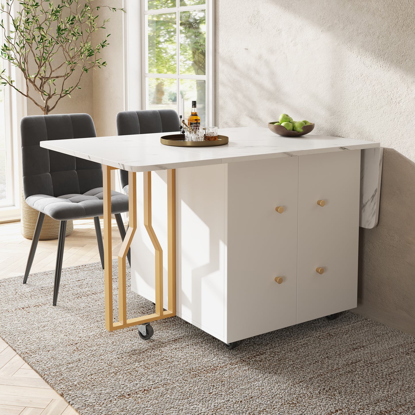 Tragbarer Esstisch, klappbare Tischplatte, marmorierte Tischplatte, geeignet für Esszimmer, Wohnzimmer, verstellbare Trennwände, große Ablagefächer, 6 Rollen (2 feststellbar), goldene Tischbeine