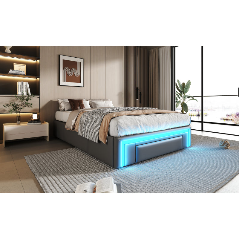 Bettgestell 90X200 mit Schubladen, PU-Leder Bett ohne Kopfteil Mit LED-Lichtleiste, MetalllattenPlattformbett für moderne Schlafzimmer Grau