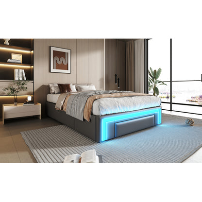 Bettgestell 90X200 mit Schubladen, PU-Leder Bett ohne Kopfteil Mit LED-Lichtleiste, MetalllattenPlattformbett für moderne Schlafzimmer Grau