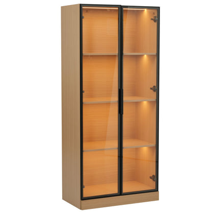 Glasvitrine, Eiche-Optik, 70×40×160 cm: LED-beleuchteter Vitrinenschrank mit gehärtetem Glas und Einlegeböden, ideal für Sammlungen, Bücher und Wein.
