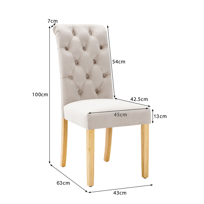 Samt Esszimmerstühle 2er Set mit Eichenbeinen, Knopf, Beige