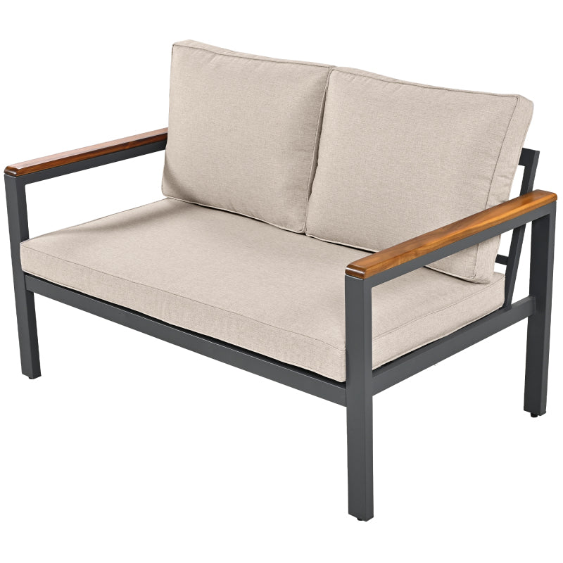Loungeset, Gartenmöbel-Set mit Rahmen aus verzinktem Stahl, (breites Set, 4-teiliges Esstisch-Set, 1x 2-Sitzer-Sofa, 2x Einzelstühle, 1x Tisch), Akazienholz Tischplatte und Armlehnen,Beige