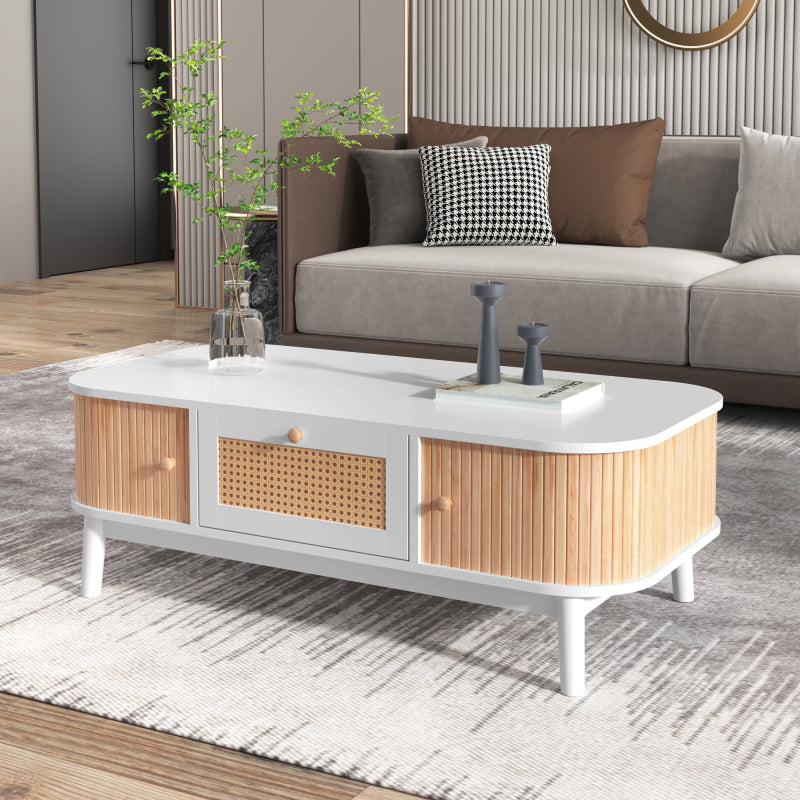 Couchtisch - Rattan-Kaffeetisch, Schubladen mit Rattan und Schiebetüren mit Massivholzlatten, Massivholzbeine, Natürlicher Landhausstil.