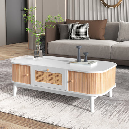 Couchtisch - Rattan-Kaffeetisch, Schubladen mit Rattan und Schiebetüren mit Massivholzlatten, Massivholzbeine, Natürlicher Landhausstil.