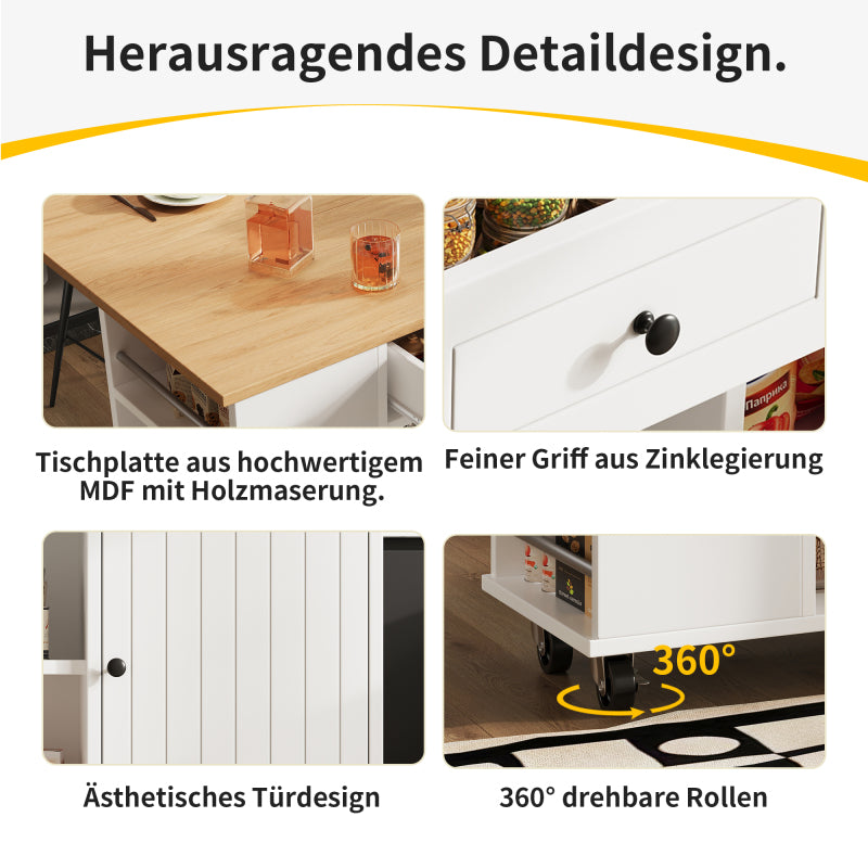 Kücheninsel mit herausnehmbaren Trennwänden, Küchenschrank, Esszimmerwagen mit Arbeitsplatte, Buffetschrank, Esszimmerwagen mit Holzmaserung, ausgestattet mit Snackhalter und Weinglasregal, weiß