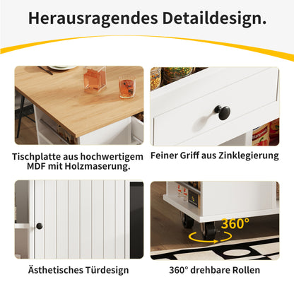 Kücheninsel mit herausnehmbaren Trennwänden, Küchenschrank, Esszimmerwagen mit Arbeitsplatte, Buffetschrank, Esszimmerwagen mit Holzmaserung, ausgestattet mit Snackhalter und Weinglasregal, weiß