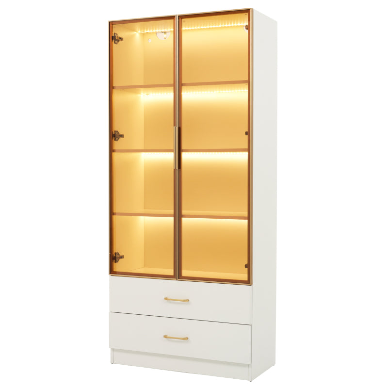 Badezimmerschrank, mittel, mit Lichtleiste, 75 cm breit, mit 2 großen Schubladen und 2 Türen, Glastür