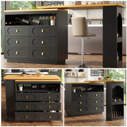 Bartisch ausziehbar 138-203cm, 360° drehbarer Stehtisch mit 6 Schubladen & Snack-Regal, moderner Küchentisch, Schreibtisch & Bar, Schwarz