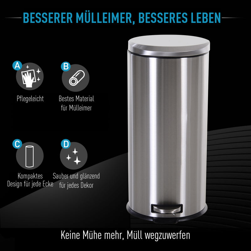 Treteimer 30L Abfalleimer mit Inneneimer und Soft Schließen aus Edelstahl Silber Ø29,2xH62,5 cm für Küche & Büro