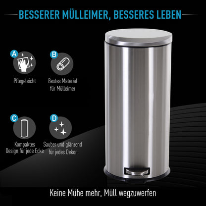 Treteimer 30L Abfalleimer mit Inneneimer und Soft Schließen aus Edelstahl Silber Ø29,2xH62,5 cm für Küche & Büro
