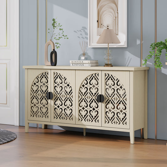 Natürliches Holzfarbener vier Türen Sideboard, mit geschnitztem und durchbrochenem Design, ausgestattet mit drei Einlegeböden. Geeignet für Wohnzimmer, Flur, Esszimmer und Küche.(147.6x40x80cm)