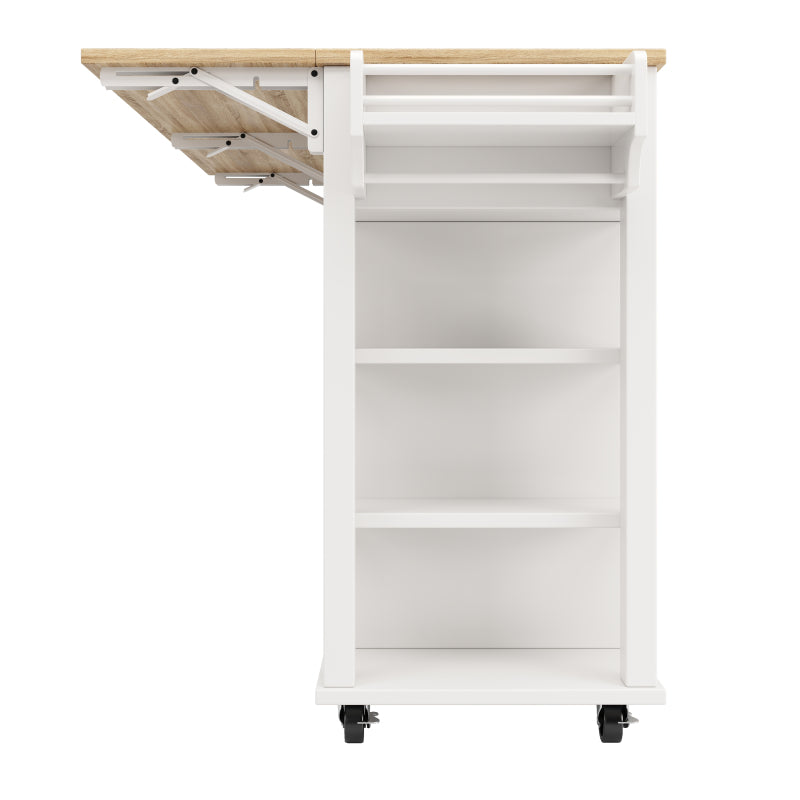 Kücheninsel mit herausnehmbaren Trennwänden, Speisewagen mit Arbeitsplatte, Buffetschrank, Speisewagen mit Holzmaserung, Handtuchhalter beidseitig mit Rollen, weiß