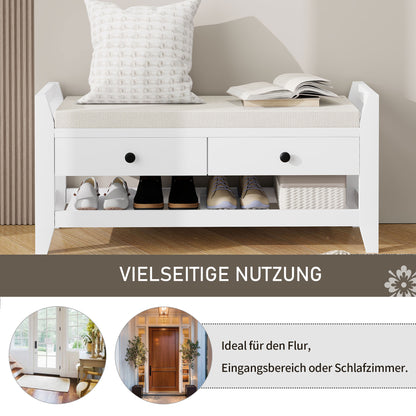 Moderne Schuhbank mit Sitzfläche und Stauraum, Soft Kissen-Oberfläche, Schuhregal für Eingangsbereich, Weiß