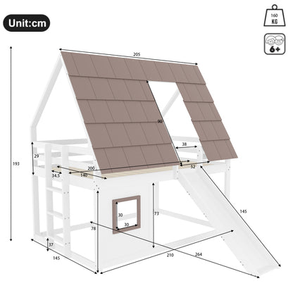 140 x 200 Holzhaus-Etagenbett mit Dach, Leiter und Rutsche, Weiß+Braun