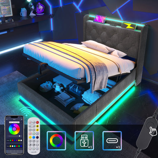 Polsterbett einzelbett,360-Surround-LED-Funktion, Drucktaste/App/Fernbedienung,90*200 cm, Grau Leinen-Material Hydraulisches Lagerbett, gepolstertes Kopfteil mit USB Typ-C Ladefunktion (Ohne Matratze)
