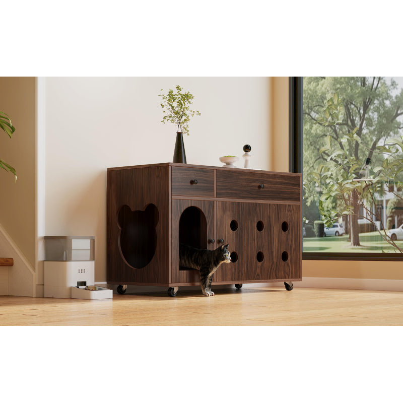 Katzenschrank/Katzenhaus mit abnehmbare Sandablassplatte, geruchsisoliert, ohne Katzenklo, 100×45×66 cm, Nussbaumfarbe