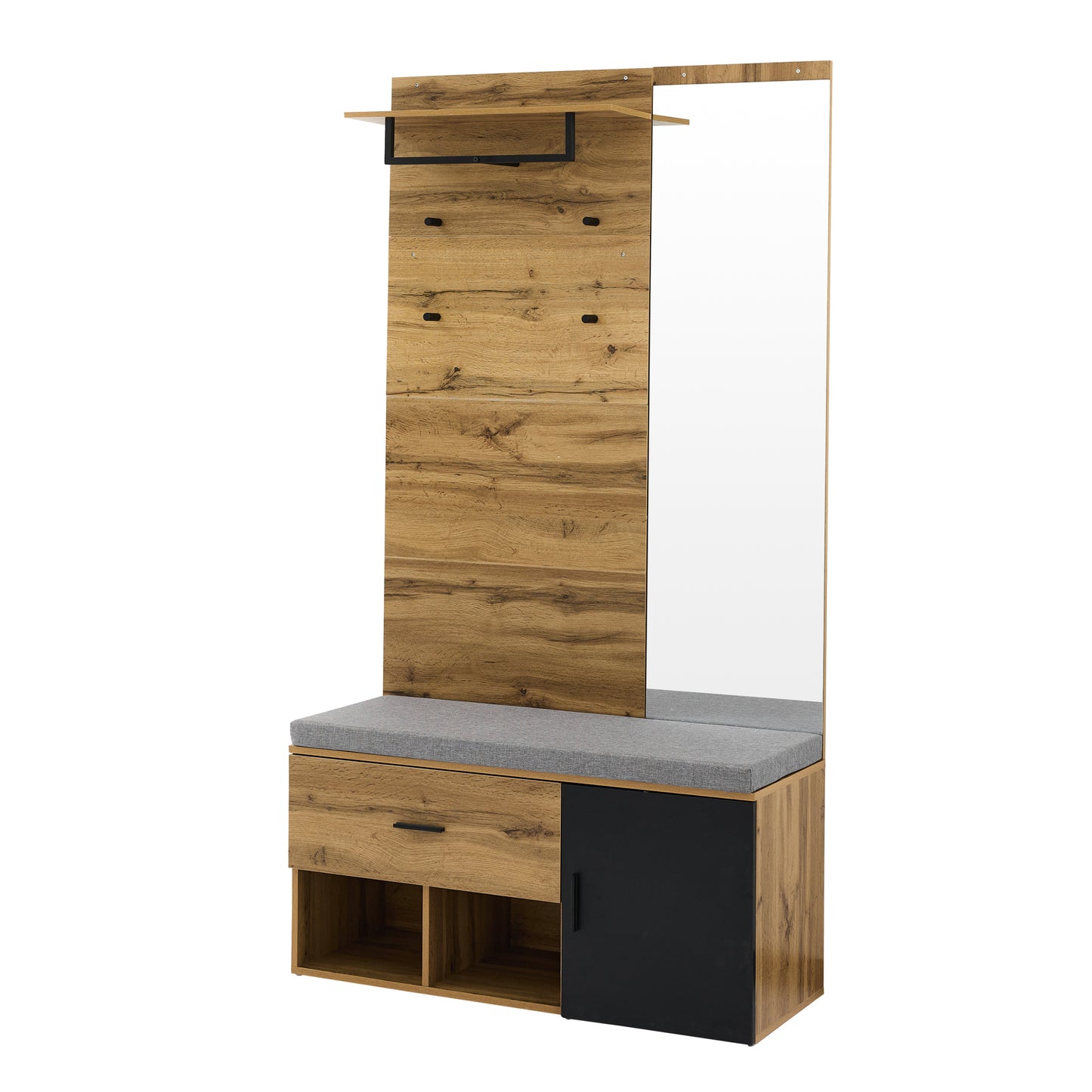 Garderoben Set in Holzoptik mit Spiegel, Schuhbank (104 x 39 cm) mit Polster, Schuhschrank, Schublade, Regal, Kleiderhaken – Praktisches Design für den Eingangsbereich