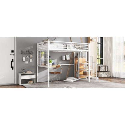 Eisenbett, Etagenbett, Hochbett, Geeignet für Kinder und Jugendliche, mit Tisch und Kleiderschrank, Seitenleiter mit Handlauf, Eisen+Spanplatte, Weiß+Natur, 90x200cm