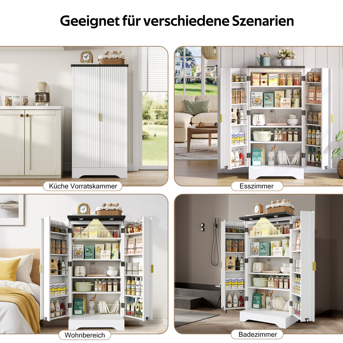 Hochschrank Weiß 120 cm, Buffetschrank mit LED-Sensorlicht, Anrichte mit Gerillten Türen & Türablagen, Goldgriffe