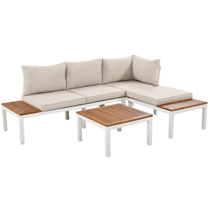 Garten-Loungesessel-Set, Gestell aus verzinktem Stahl, (2x Zweisitzer, 2x Beistelltische, 1x Tisch), Akazienholzplatte, Stoffbezug zur Bespannung der Rückenlehne, beige(previous sku:HW00005AAW)